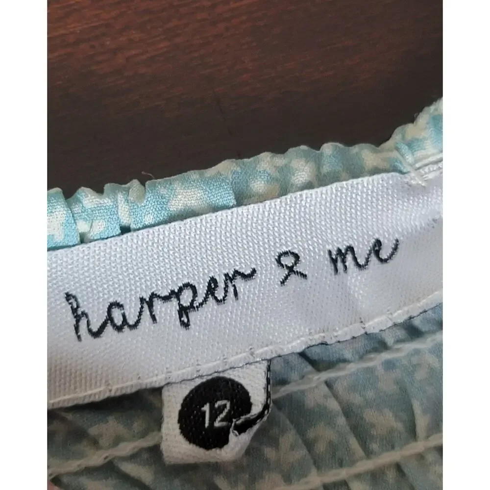 Harper & Me Cropped‎ Top Square Neck 3/4 Sleeve Blue Smocked Women's Size 12